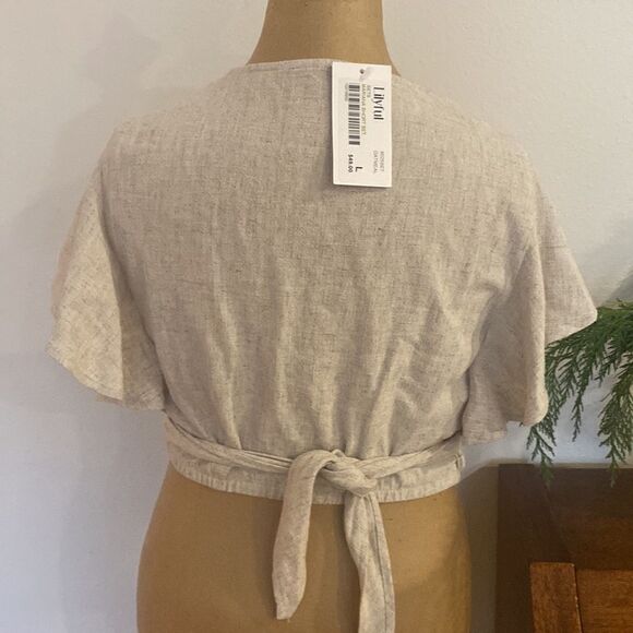 LILYFUL sz L linen rayon blend crop top ruffled sleeves wrap tie NWT beige - Picture 3 of 7